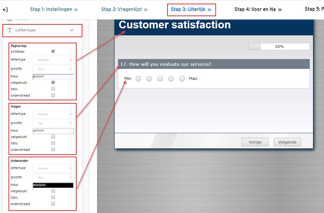 Lettertype instellingen bij het maken van een enquete