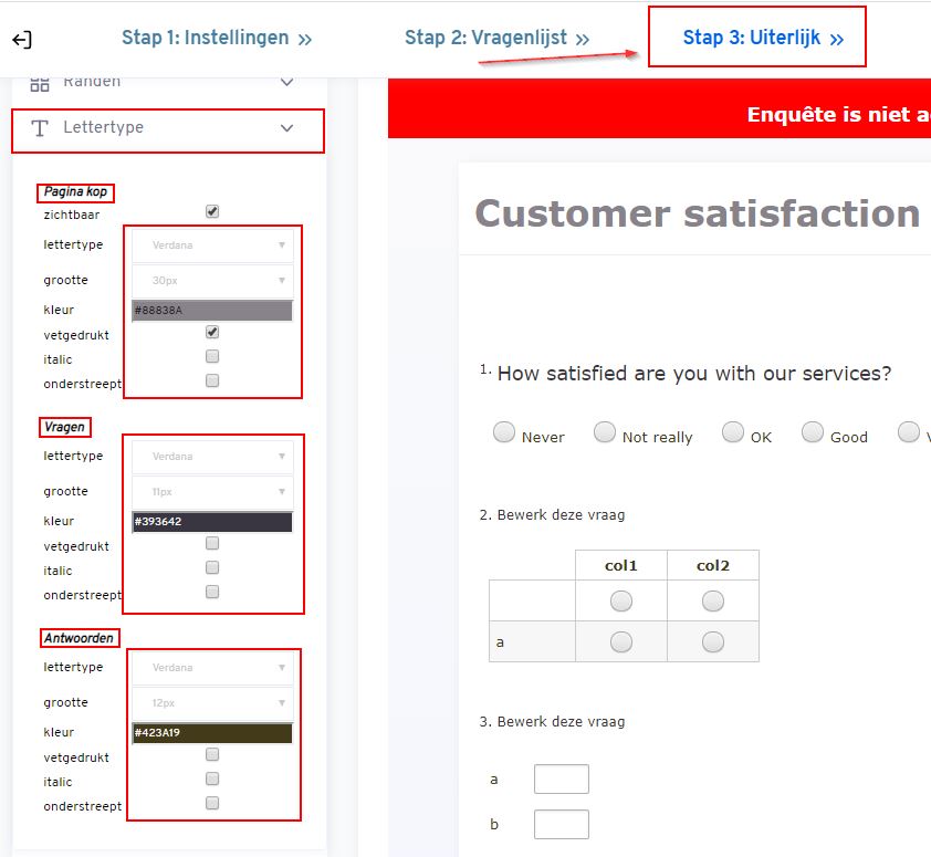 lettertype van enquete instellen