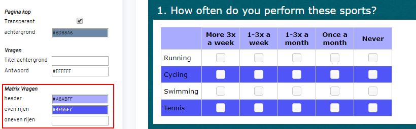 Matrix vragen vormgeven