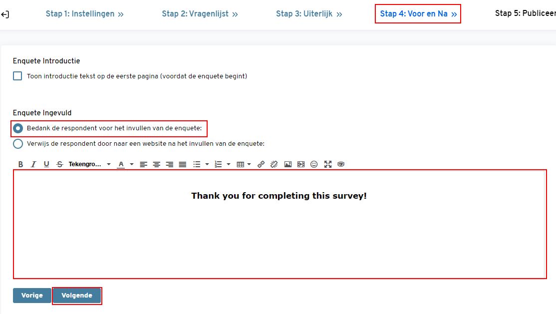 Bedankt pagina toevoegen aan uw enquete